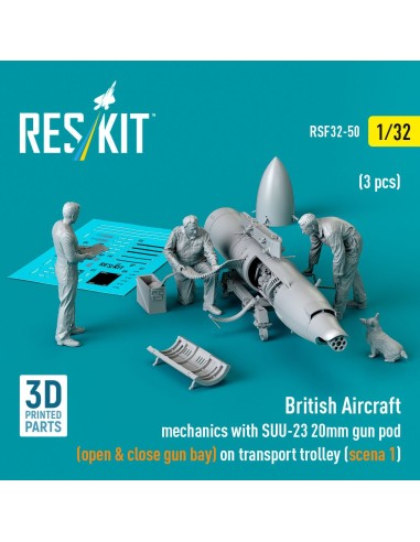 British Aircraft mechanics with SUU-23 20mm gun pod (open & close gun bay) on on transport trolley (scene 1) (3 pcs) (3D Printed