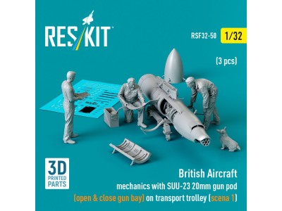British Aircraft mechanics with SUU-23 20mm gun pod (open & close gun bay) on on transport trolley (scene 1) (3 pcs) (3D Printed