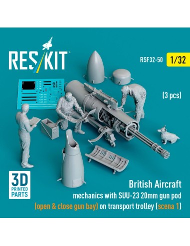 British Aircraft mechanics with SUU-23 20mm gun pod (open & close gun bay) on on transport trolley (scene 1) (3 pcs) (3D Printed
