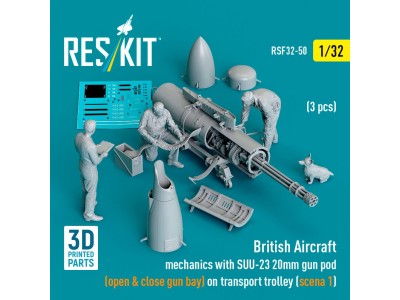 British Aircraft mechanics with SUU-23 20mm gun pod (open & close gun bay) on on transport trolley (scene 1) (3 pcs) (3D Printed