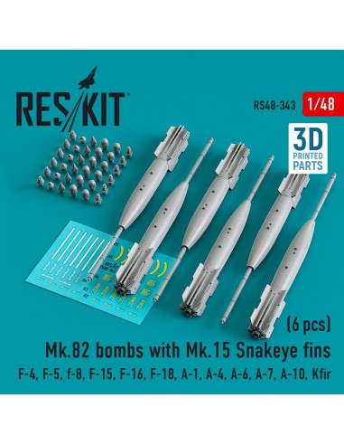 Mk.82 bombs with Mk.15 Snakeye fins (6 pcs) (F-4, F-5, F-8, F-15, F-16, F-18, A-1, A-4, A-6, A-7, A-10, Kfir) (3D Printed) 