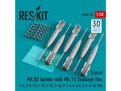 Mk.82 bombs with Mk.15 Snakeye fins (6 pcs) (F-4, F-5, F-8, F-15, F-16, F-18, A-1, A-4, A-6, A-7, A-10, Kfir) (3D Printed) 