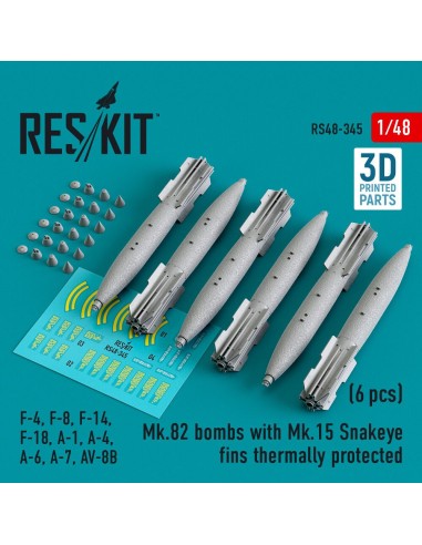 Mk.82 bombs with Mk.15 Snakeye fins thermally protected (6 pcs) (F-4, F-8, F-14 F-18, A-1, A-4, A-6, A-7, AV-8B) (3D Printed) 