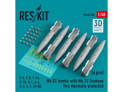 Mk.82 bombs with Mk.15 Snakeye fins thermally protected (6 pcs) (F-4, F-8, F-14 F-18, A-1, A-4, A-6, A-7, AV-8B) (3D Printed) 
