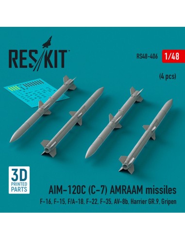 AIM-120C (C-7) AMRAAM missiles (4 pcs) (F-16, F-15, F/A-18, F-22, F-35, AV-8b, Harrier GR.9, Gripen) (3D Printed) 