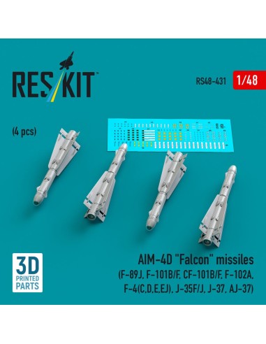 AIM-4D Falcon missiles (4 pcs) (F-89J, F-101B/F, CF-101B/F, F-102A, F-4(C,D,E,EJ), J-35F/J, J-37, AJ-37) (3D Printed) 
