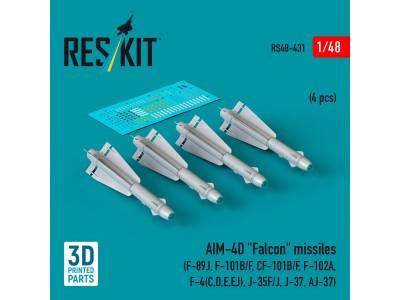 AIM-4D Falcon missiles (4 pcs) (F-89J, F-101B/F, CF-101B/F, F-102A, F-4(C,D,E,EJ), J-35F/J, J-37, AJ-37) (3D Printed) 