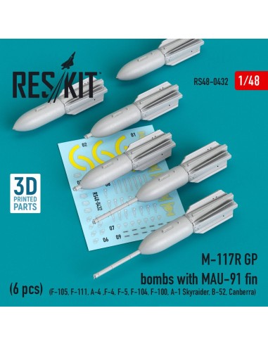 M-117R GP bombs with MAU-91 fin (6 pcs) (F-105,F-111, A-4 ,F-4, F-5, F-104, F-100, A-1 Skyraider, B-52, Canberra) (3D Printed) 