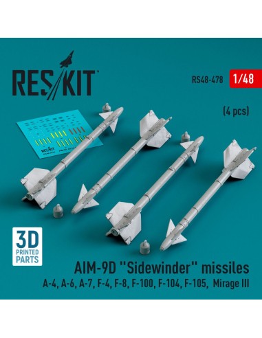 AIM-9D Sidewinder missiles (4 pcs) (A-4, A-6, A-7, F-4, F-8, F-100, F-104, F-105, Mirage III) (3D Printed) 