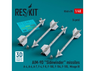 AIM-9D Sidewinder missiles (4 pcs) (A-4, A-6, A-7, F-4, F-8, F-100, F-104, F-105, Mirage III) (3D Printed) 