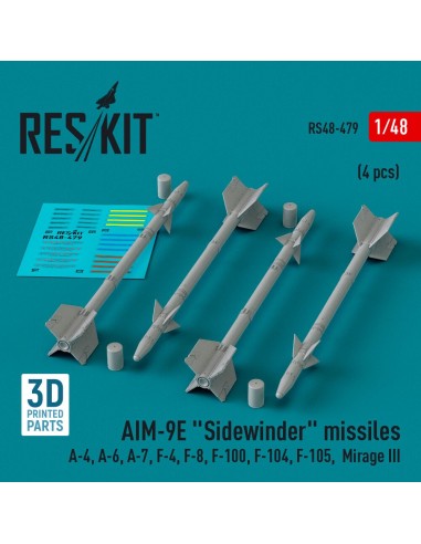 AIM-9E Sidewinder missiles (4 pcs) (A-4, A-6, A-7, F-4, F-8, F-100, F-104, F-105, Mirage III) (3D Printed) 