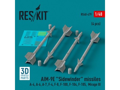 AIM-9E Sidewinder missiles (4 pcs) (A-4, A-6, A-7, F-4, F-8, F-100, F-104, F-105, Mirage III) (3D Printed) 