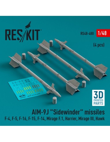 AIM-9J Sidewinder missiles (4 pcs) (F-4, F-5, F-16, F-15, F-14, Mirage F.1, Harrier, Mirage III, Hawk) (3D Printed) 