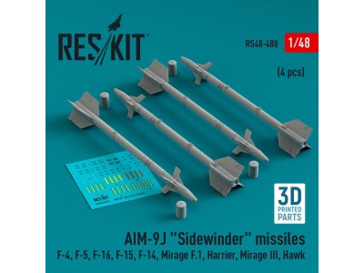 AIM-9J Sidewinder missiles (4 pcs) (F-4, F-5, F-16, F-15, F-14, Mirage F.1, Harrier, Mirage III, Hawk) (3D Printed) 