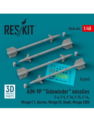 AIM-9P Sidewinder missiles (4 pcs) (F-4, F-5, F-16, F-15, F-14, Mirage F.1, Harrier, Mirage III, Hawk, Mirage 2000) (3D Printed)