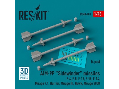 AIM-9P Sidewinder missiles (4 pcs) (F-4, F-5, F-16, F-15, F-14, Mirage F.1, Harrier, Mirage III, Hawk, Mirage 2000) (3D Printed)