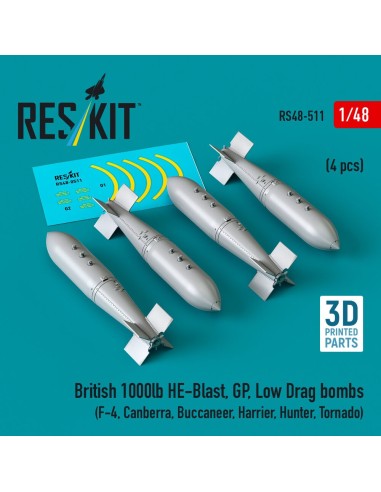 British 1000lb HE-Blast, GP, Low Drag bombs (4 pcs) (F-4, Canberra, Buccaneer, Harrier, Hunter, Tornado) (3D printed) 