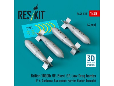 British 1000lb HE-Blast, GP, Low Drag bombs (4 pcs) (F-4, Canberra, Buccaneer, Harrier, Hunter, Tornado) (3D printed) 