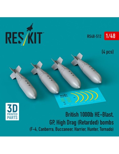 British 1000lb HE-Blast, GP, High Drag (Retarded) bombs (4 pcs) (F-4, Canberra, Buccaneer, Harrier, Hunter, Tornado) (3D printed