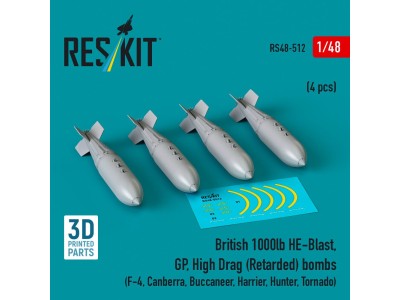 British 1000lb HE-Blast, GP, High Drag (Retarded) bombs (4 pcs) (F-4, Canberra, Buccaneer, Harrier, Hunter, Tornado) (3D printed