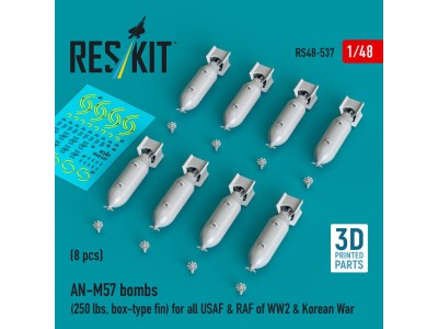 AN-M57 bombs (250 lbs, box-type fin) for all USAF & RAF of WW2 & Korean War (8 pcs) (3D Printed) 