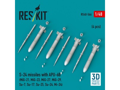 S-24 missiles with APU-68 (4 pcs) (MiG-21, MiG-23, MiG-27, MiG-29, Su-7, Su-17, Su-25, Su-24, Mi-24) (3D Printed) 