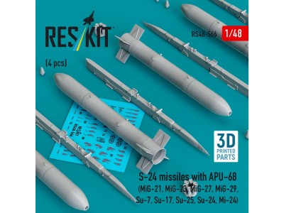 S-24 missiles with APU-68 (4 pcs) (MiG-21, MiG-23, MiG-27, MiG-29, Su-7, Su-17, Su-25, Su-24, Mi-24) (3D Printed) 