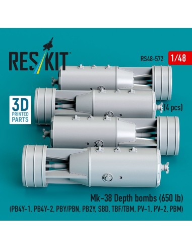Mk-38 Depth bombs (650 lb) (4 pcs) (PB4Y-1, PB4Y-2, PBY/PBN, PB2Y, SBD, TBF/TBM, PV-1, PV-2, PBM) (3D Printed) 