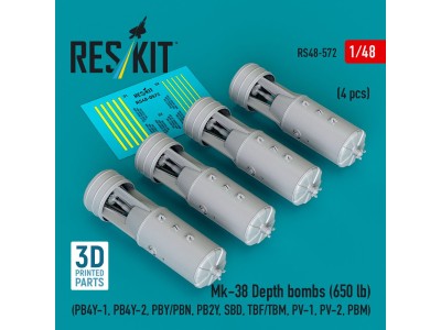 Mk-38 Depth bombs (650 lb) (4 pcs) (PB4Y-1, PB4Y-2, PBY/PBN, PB2Y, SBD, TBF/TBM, PV-1, PV-2, PBM) (3D Printed) 