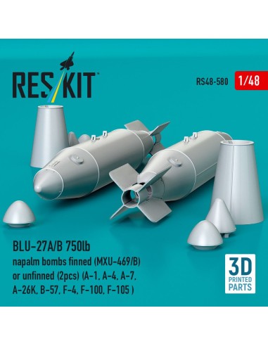 BLU-27A/B 750lb napalm bombs finned (MXU-469/B) or unfinned (2pcs) (A-1, A-4, A-7, A-26K, B-57, F-4, F-100, F-105 ) (3D Printed)