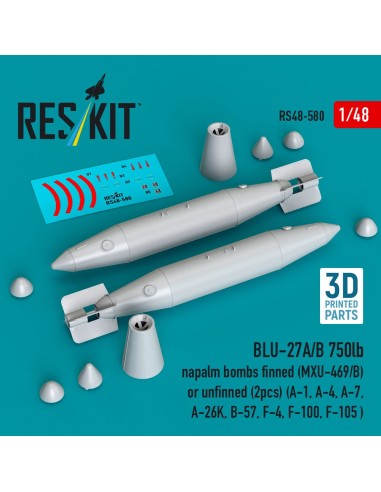 BLU-27A/B 750lb napalm bombs finned (MXU-469/B) or unfinned (2pcs) (A-1, A-4, A-7, A-26K, B-57, F-4, F-100, F-105 ) (3D Printed)