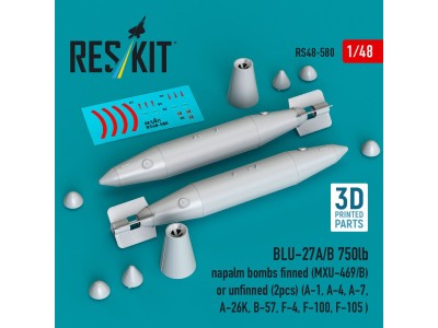 BLU-27A/B 750lb napalm bombs finned (MXU-469/B) or unfinned (2pcs) (A-1, A-4, A-7, A-26K, B-57, F-4, F-100, F-105 ) (3D Printed)
