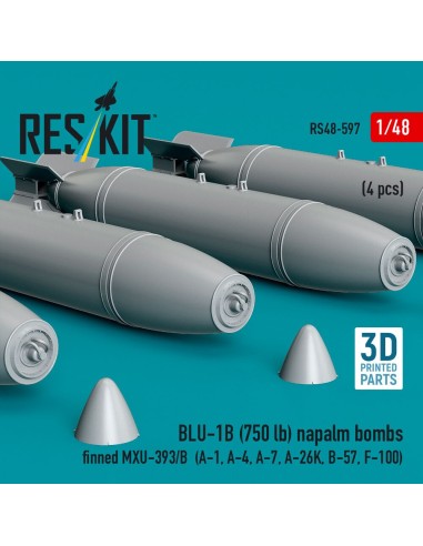 BLU-1B (750 lb) napalm bombs finned MXU-393/B (4 pcs) (A-1, A-4, A-7, A-26K, B-57, F-100) (3D Printed) 