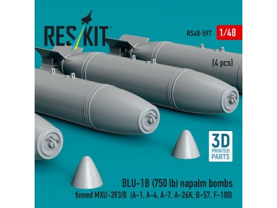 BLU-1B (750 lb) napalm bombs finned MXU-393/B (4 pcs) (A-1, A-4, A-7, A-26K, B-57, F-100) (3D Printed) 