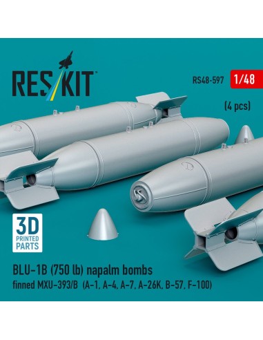 BLU-1B (750 lb) napalm bombs finned MXU-393/B (4 pcs) (A-1, A-4, A-7, A-26K, B-57, F-100) (3D Printed) 