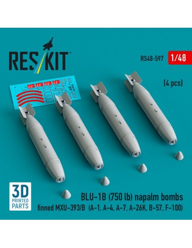BLU-1B (750 lb) napalm bombs finned MXU-393/B (4 pcs) (A-1, A-4, A-7, A-26K, B-57, F-100) (3D Printed) 