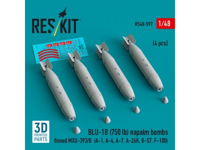 BLU-1B (750 lb) napalm bombs finned MXU-393/B (4 pcs) (A-1, A-4, A-7, A-26K, B-57, F-100) (3D Printed) 