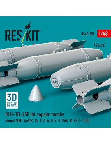 BLU-1B (750 lb) napalm bombs finned MXU-469/B (4 pcs) (A-1, A-4, A-7, A-26K, B-57, F-100) (3D Printed) 