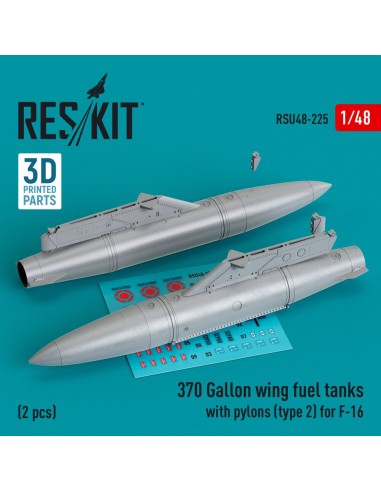 370 Gallon wing fuel tanks with pylons (type 2) for F-16 (A/B/C/D/E/F/I) (2 pcs) (3D Printed) 