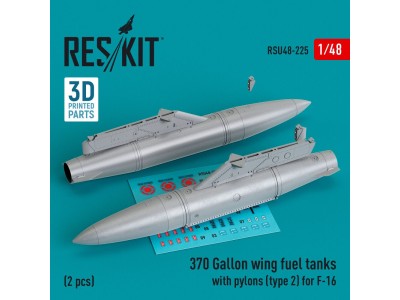 370 Gallon wing fuel tanks with pylons (type 2) for F-16 (A/B/C/D/E/F/I) (2 pcs) (3D Printed) 
