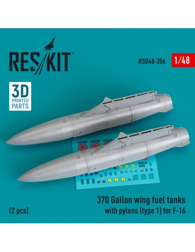 370 Gallon wing fuel tanks with pylons (type 1) for F-16 (A/B/C/D/E/F/I) (2 pcs) (3D Printed) 