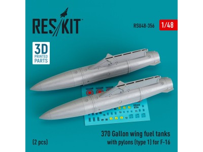 370 Gallon wing fuel tanks with pylons (type 1) for F-16 (A/B/C/D/E/F/I) (2 pcs) (3D Printed) 