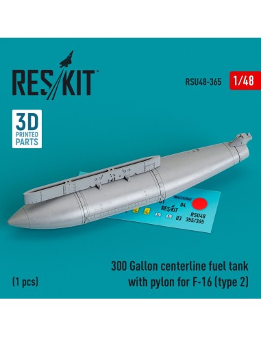 300 Gallon centerline fuel tank with pylon for F-16 (A/B/C/D/E/F/I) (type 2) (1 pcs) (3D Printed) 