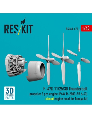 P-47D 11/25/30 Thunderbolt propeller (3 pcs), engine (P&W R-2800-59 & 63) closed engine hood for Tamiya kit (3D Printed) 