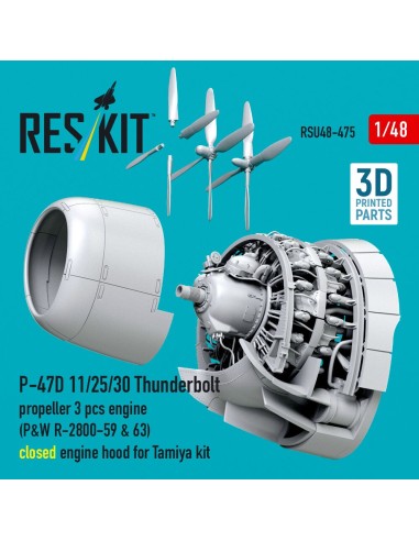 P-47D 11/25/30 Thunderbolt propeller (3 pcs), engine (P&W R-2800-59 & 63) closed engine hood for Tamiya kit (3D Printed) 