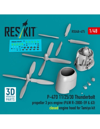P-47D 11/25/30 Thunderbolt propeller (3 pcs), engine (P&W R-2800-59 & 63) closed engine hood for Tamiya kit (3D Printed) 