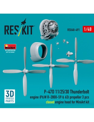 P-47D 11/25/30 Thunderbolt propeller (3 pcs), engine (P&W R-2800-59 & 63) closed engine hood for MiniArt kit (3D Printed) 