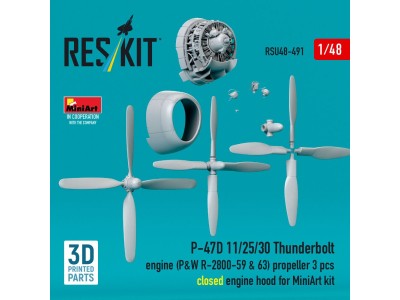 P-47D 11/25/30 Thunderbolt propeller (3 pcs), engine (P&W R-2800-59 & 63) closed engine hood for MiniArt kit (3D Printed) 