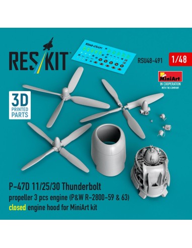 P-47D 11/25/30 Thunderbolt propeller (3 pcs), engine (P&W R-2800-59 & 63) closed engine hood for MiniArt kit (3D Printed) 