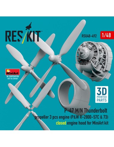 P-47 M/N Thunderbolt propeller (3 pcs), engine (P&W R-2800-57C & 73) closed engine hood for MiniArt kit (3D Printed) 